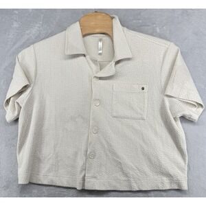Fabletics Crinkle Knit Boxy Button‎ Down Shirt Beige Women's Size L